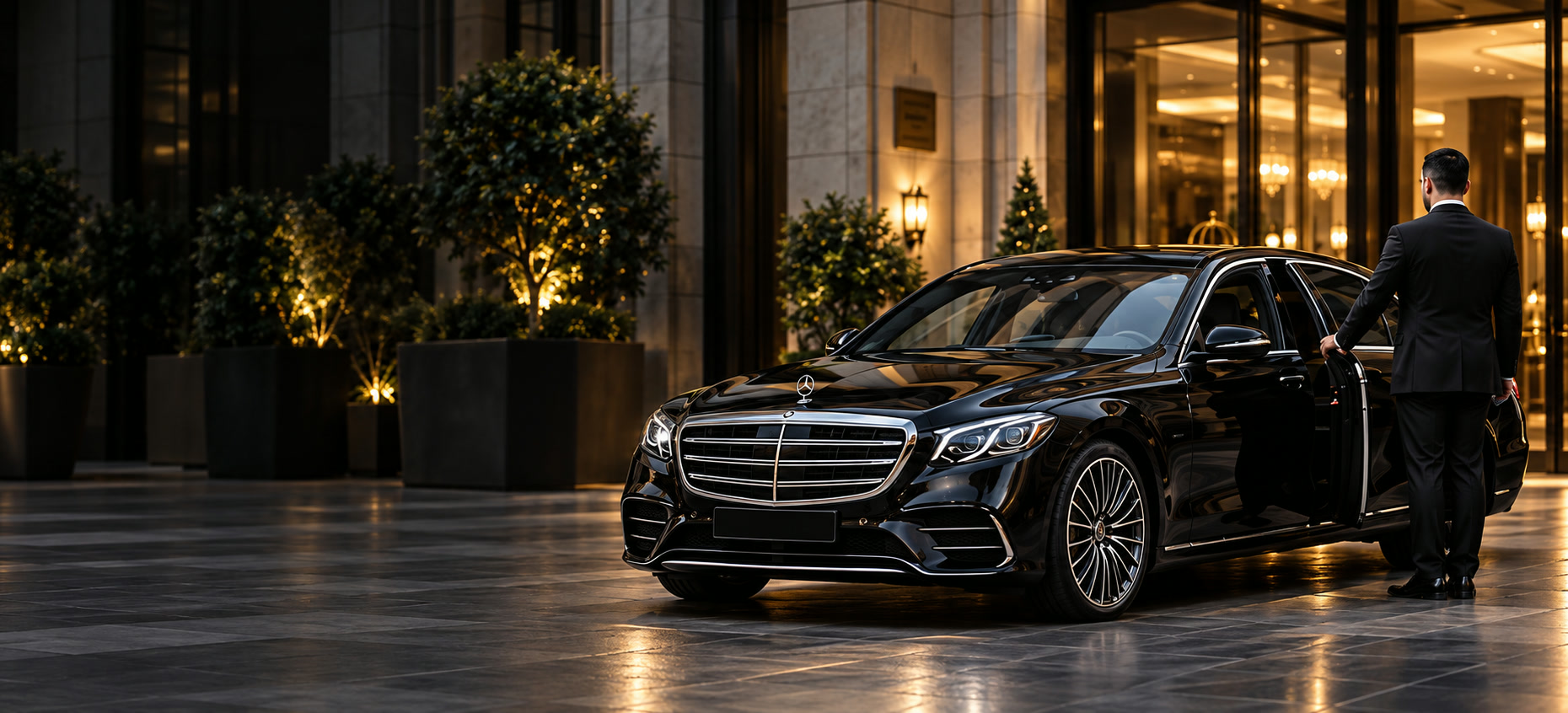 Zwarte Mercedes S-Klasse bij een luxe hotel